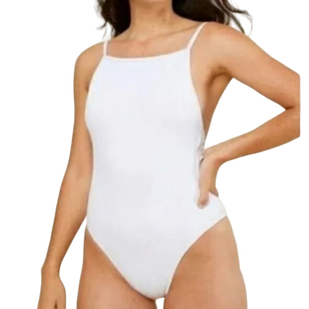 Andie Paloma Rib One Piece White Swimsuit Tieback Square Neck Size XL New